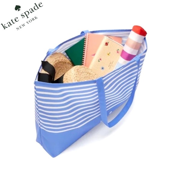 NWT Kate Spade‎ Large Canvas Shopper Beach Foldable Tote Bag Stripe Blue & White - Picture 1 of 6